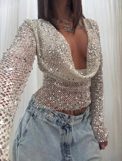 Women's Party Top – Sequin Mesh Cropped Long-Sleeve Style