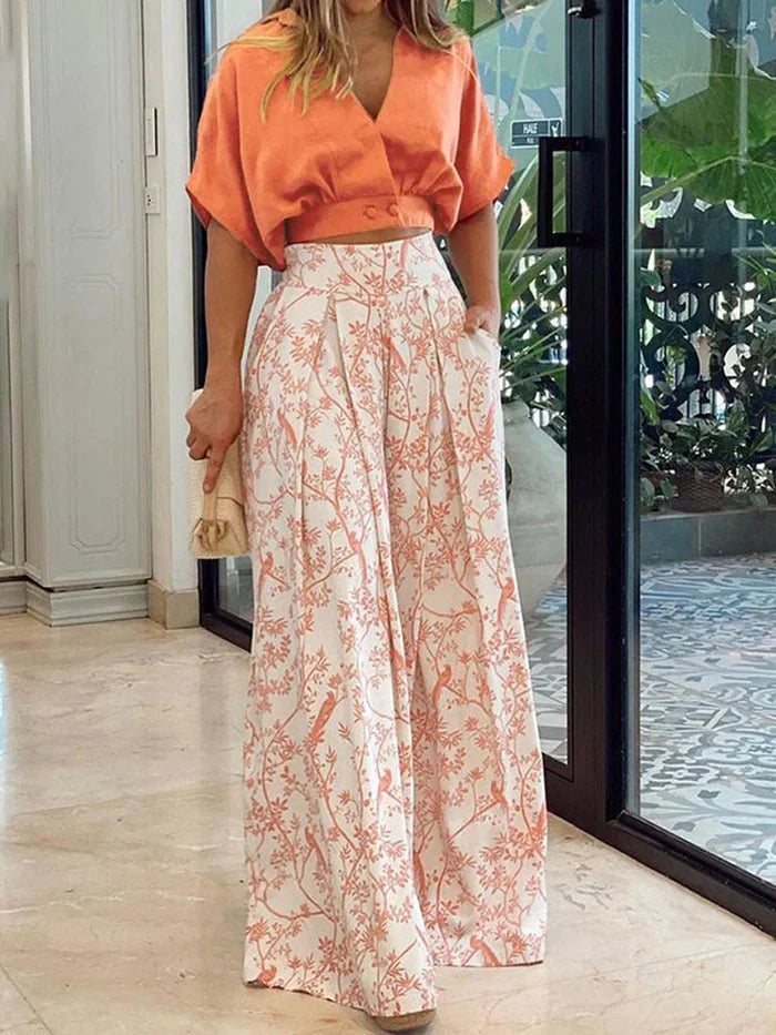 Kiara | Printed Wide Leg Two-Piece Pant Set