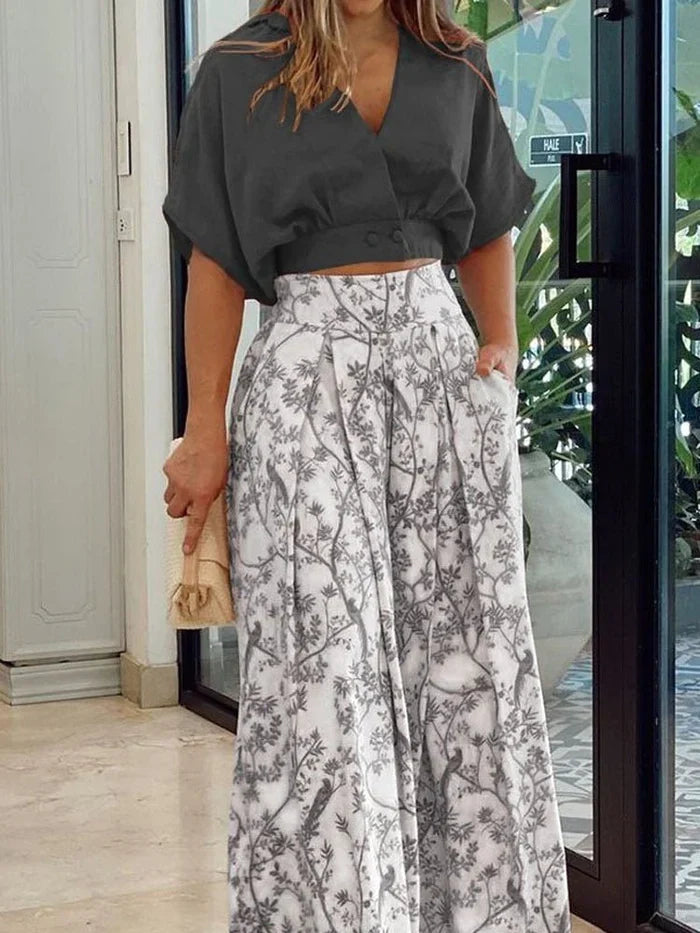 Kiara | Printed Wide Leg Two-Piece Pant Set