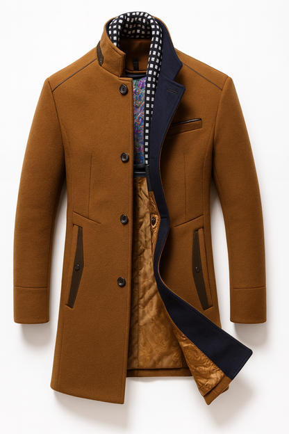 Men's Overcoat – Wool Blend High-Collar Quilted Design