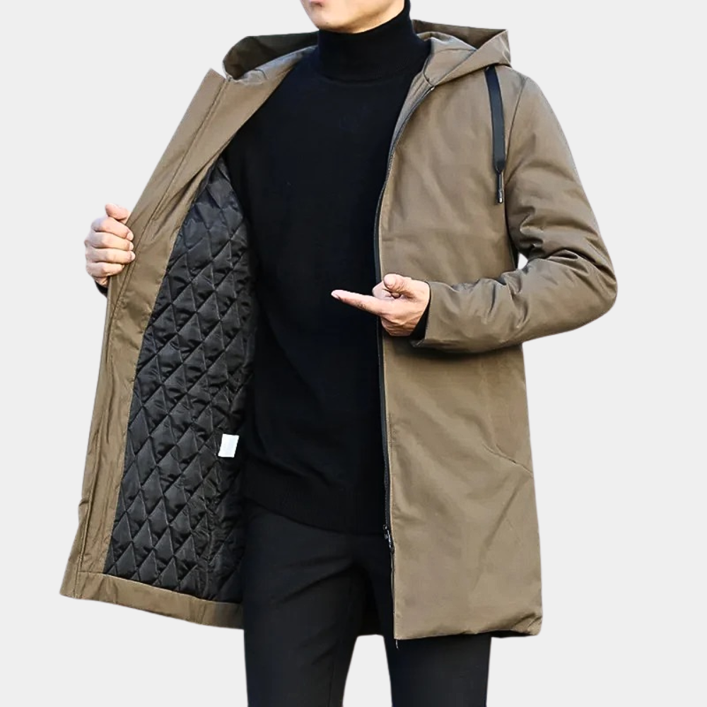 Men's Waterproof Hooded Jacket – Quilted Long Rain Layer
