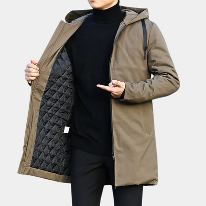 Men's Waterproof Hooded Jacket – Quilted Long Rain Layer