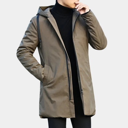 Men's Waterproof Hooded Jacket – Quilted Long Rain Layer