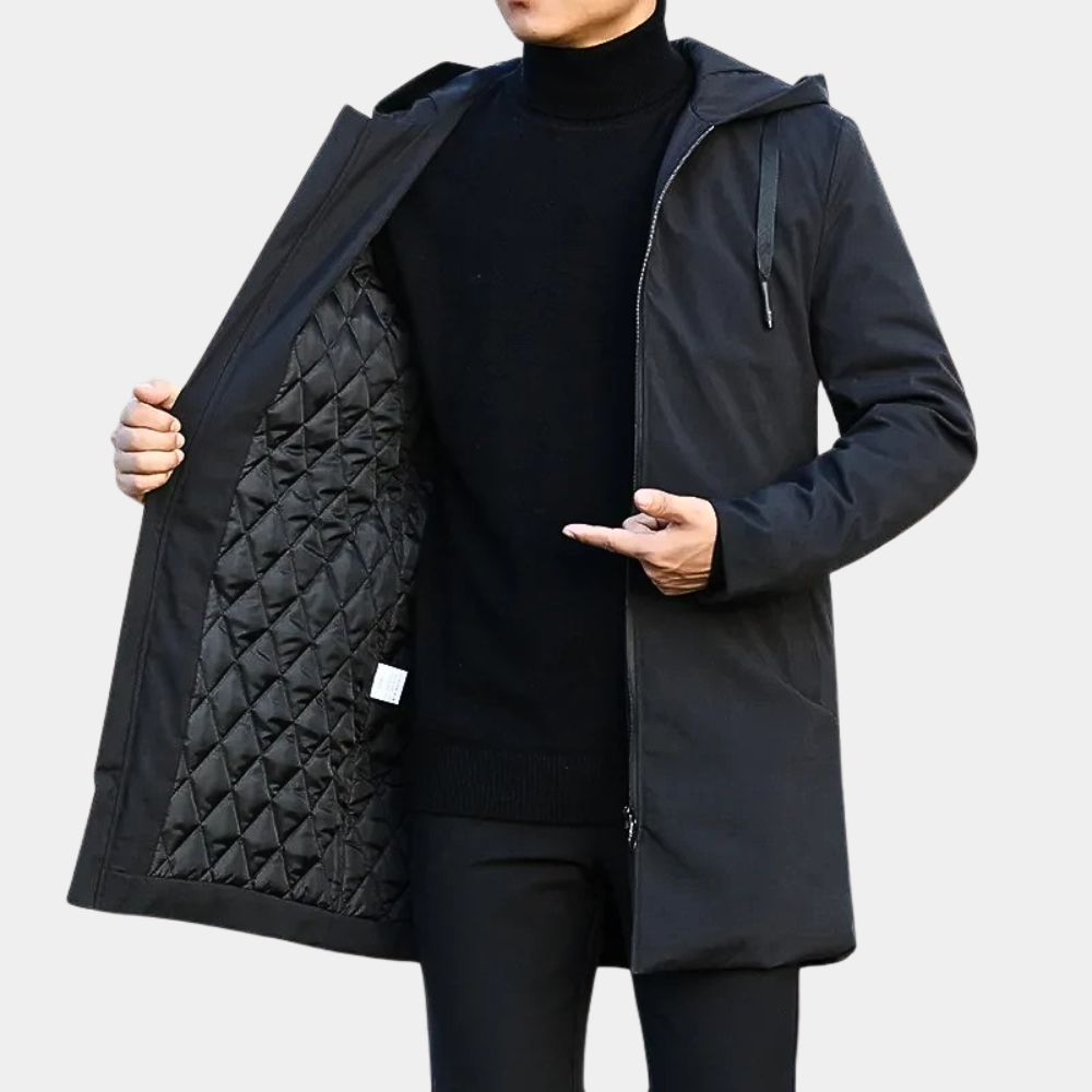 Men's Waterproof Hooded Jacket – Quilted Long Rain Layer