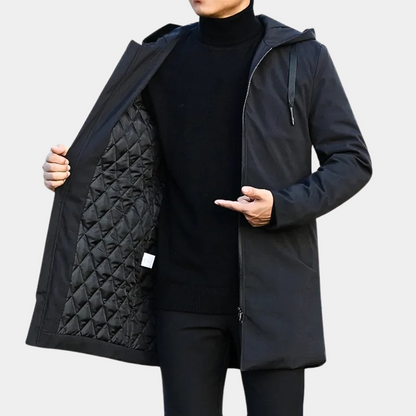 Men's Waterproof Hooded Jacket – Quilted Long Rain Layer