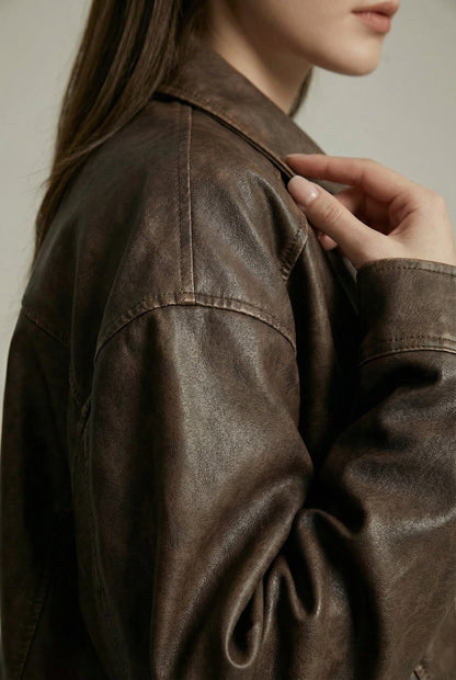 Women's Jacket – Vintage Faux Leather Oversized Bomber