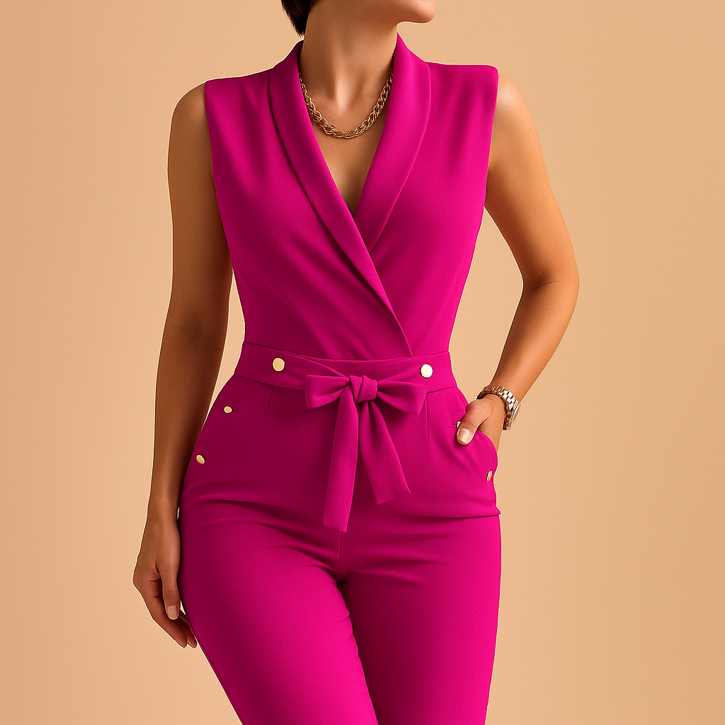 Sleeveless v-neck jumpsuit with waist tie for women | Lila