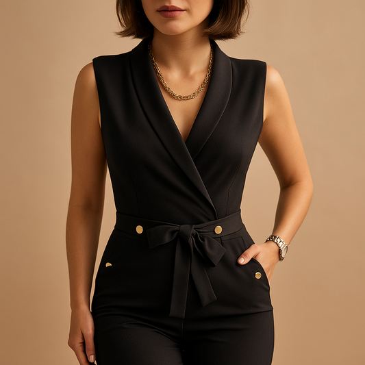 Sleeveless v-neck jumpsuit with waist tie for women | Lila