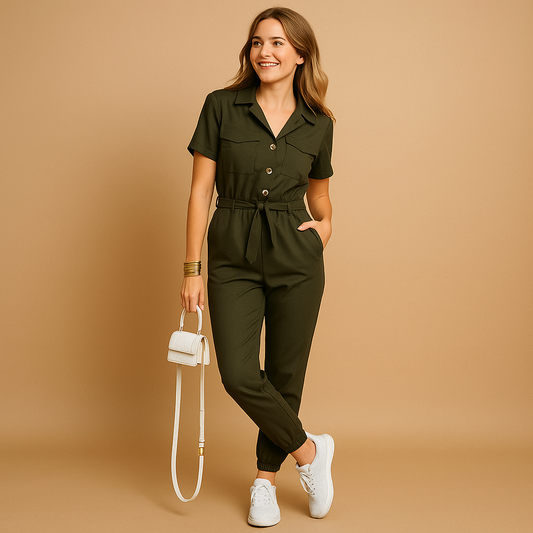 Tailored v-neck cargo jumpsuit for women | Clara