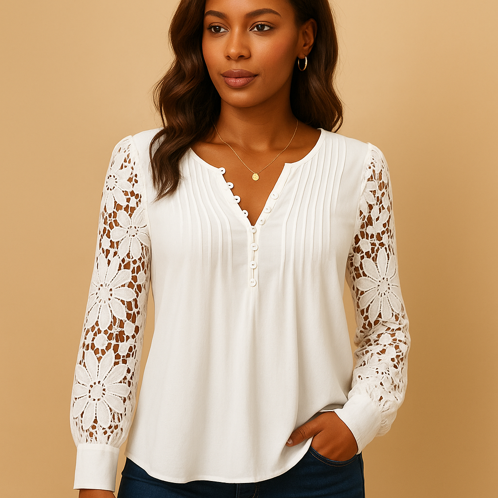 V-neck lace accent blouse for women | Amelia