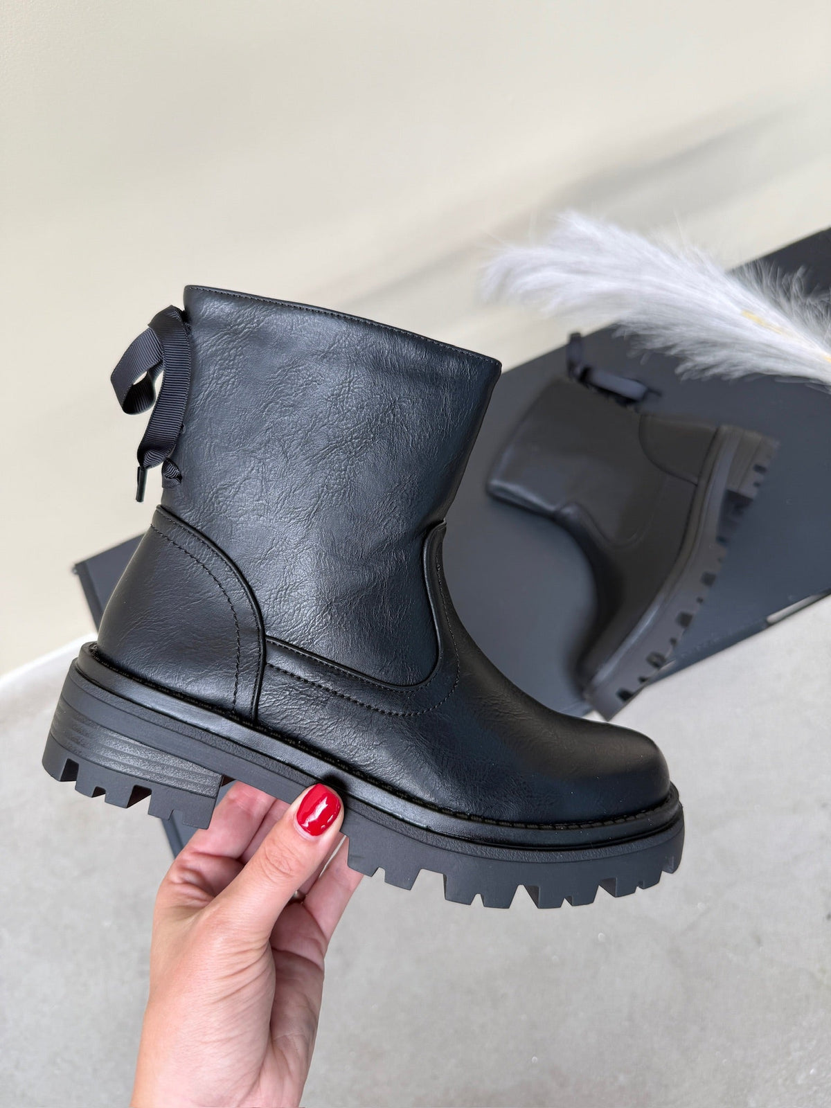 Women's Ankle Boots – Combat Style, Lug Sole & Bow Detail