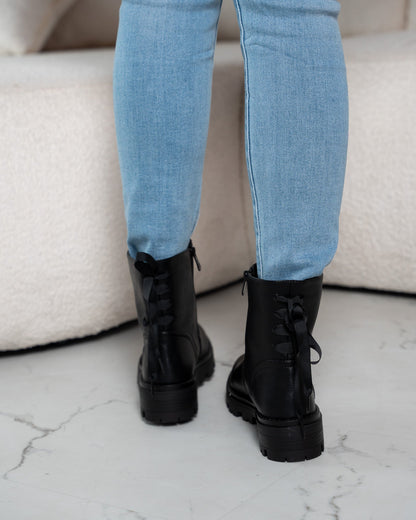 Women's Ankle Boots – Combat Style, Lug Sole & Bow Detail