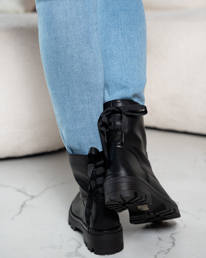 Women's Ankle Boots – Combat Style, Lug Sole & Bow Detail