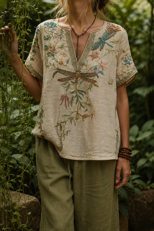 Women's Blouse – Boho Embroidered Linen V-Neck Top