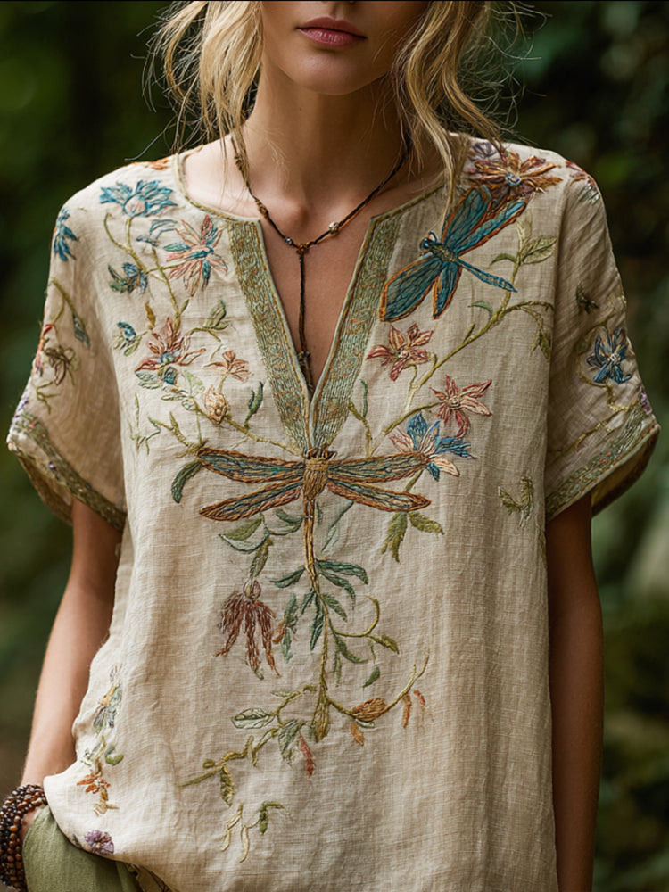 Women's Blouse – Boho Embroidered Linen V-Neck Top