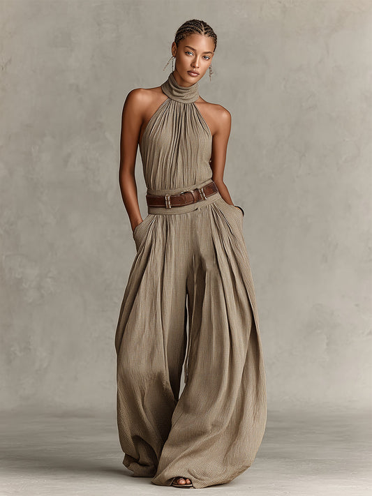 Women's Boho Jumpsuit – Halterneck Wide-Leg Draped Style