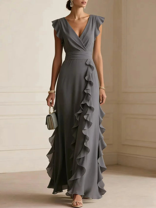 Women's Bridesmaid Dress – Ruffle Wrap V-Neck Maxi Style