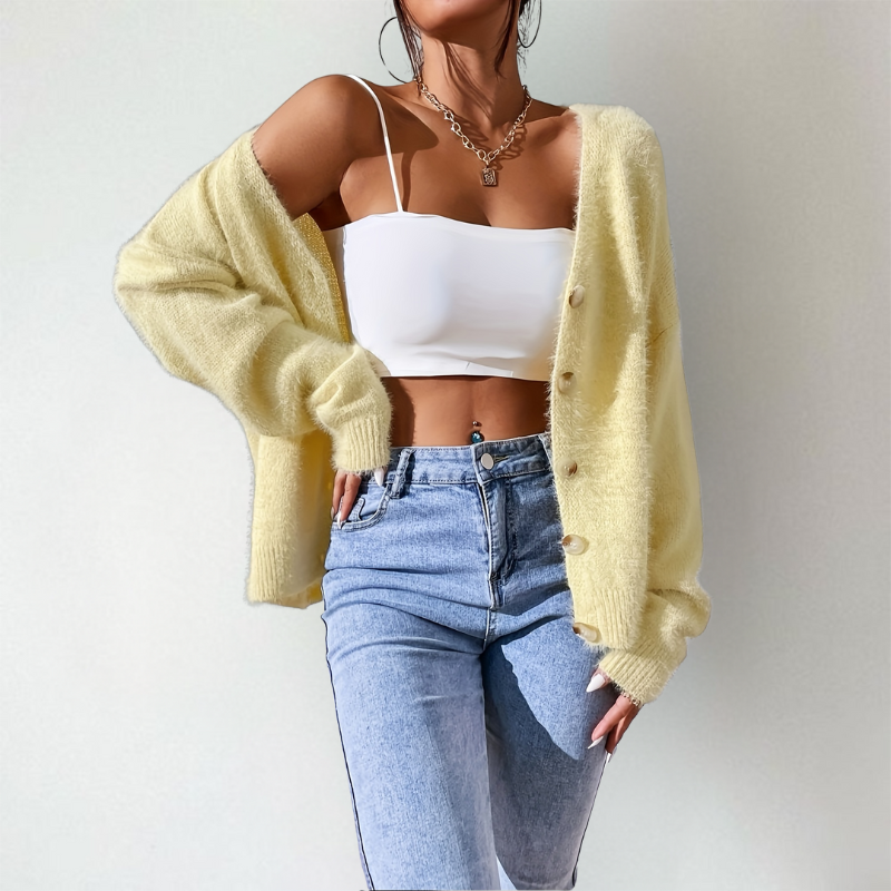 Women's Cardigan – Fuzzy Look & V-Neck