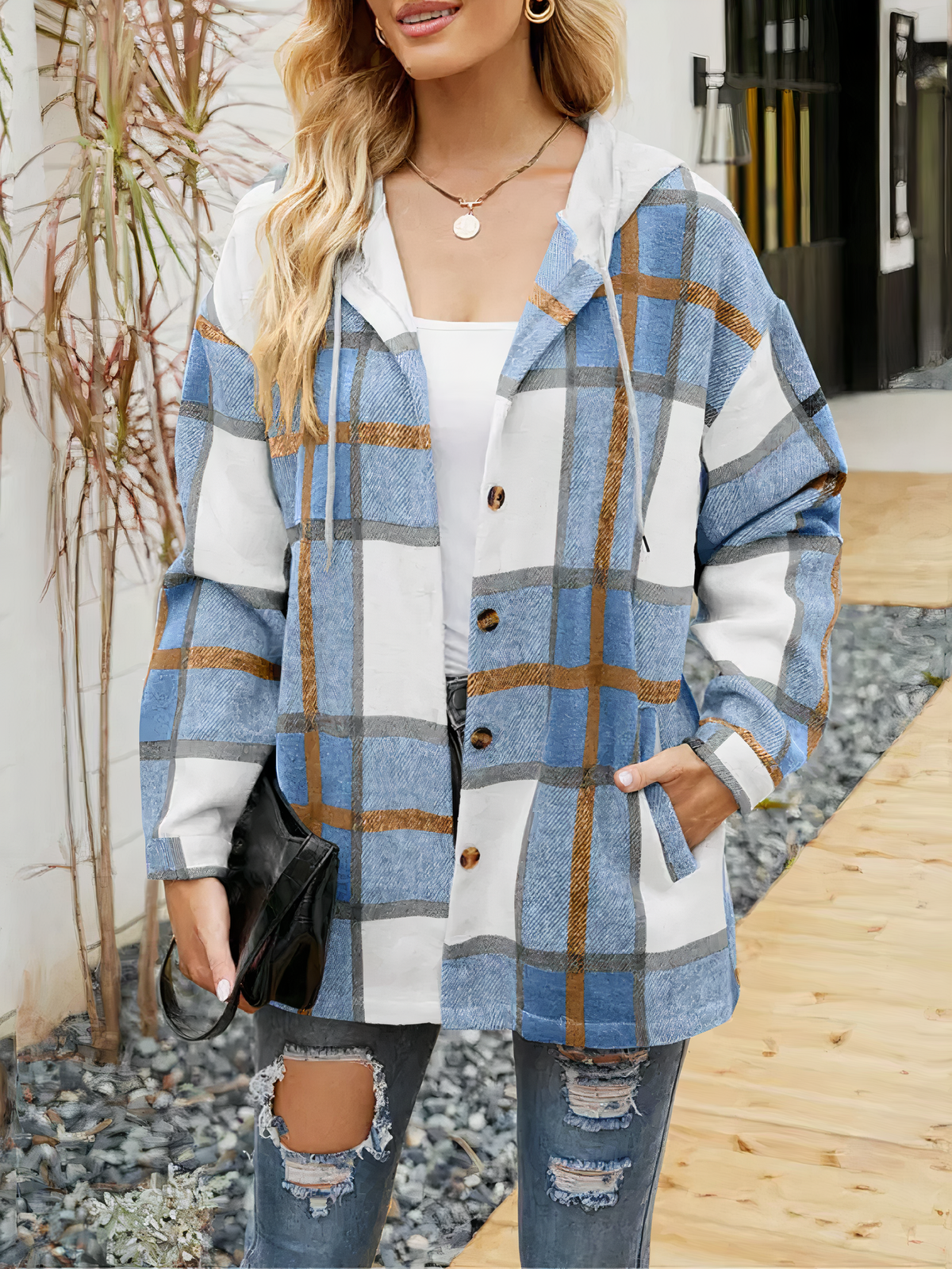 Women's Hooded Cardigan – Plaid Design & Contrast Hood
