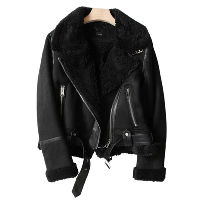 Women's Jacket – Belted Shearling Moto Jacket