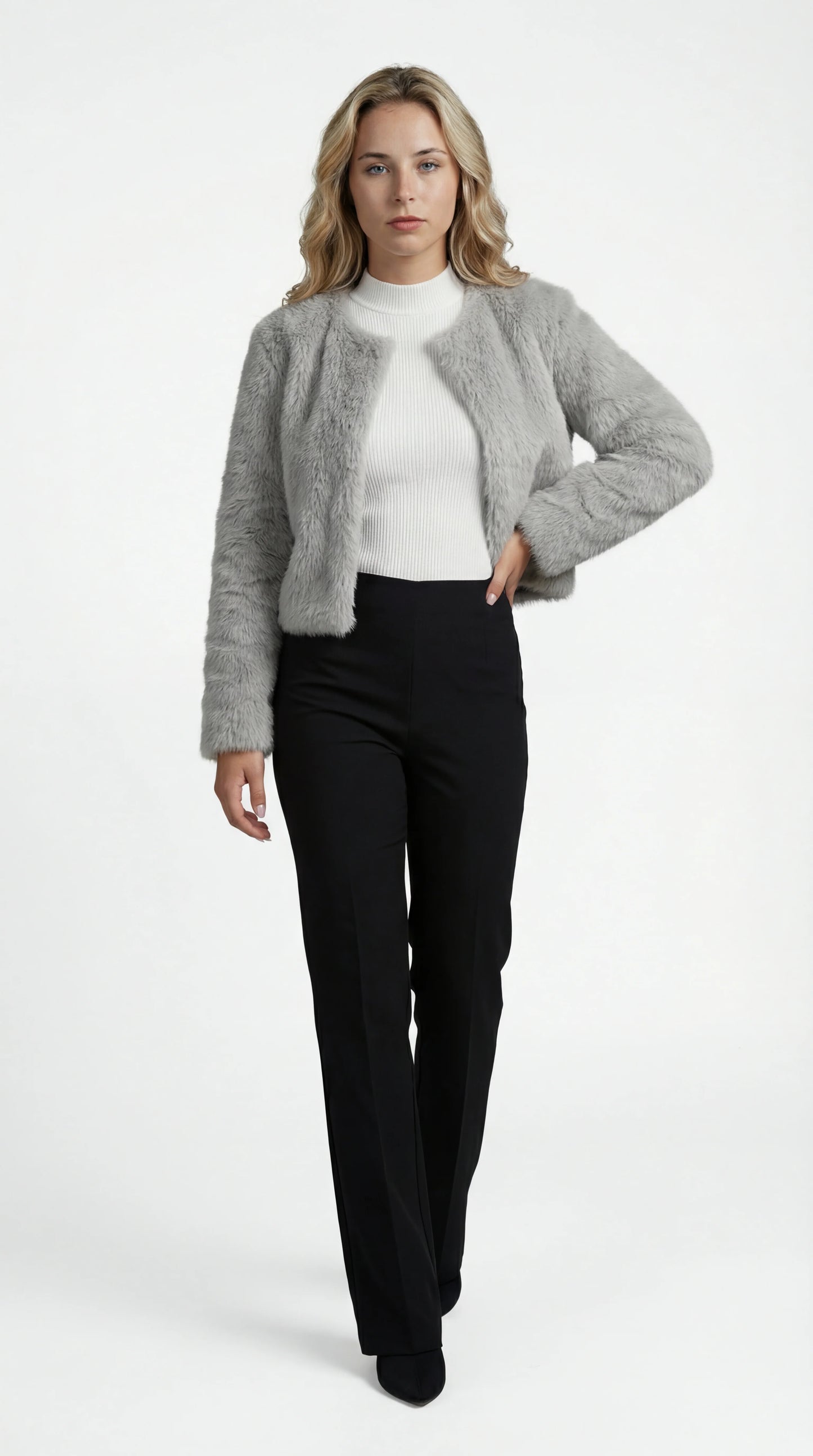 Women's Jacket – Cropped Faux Fur Collarless Jacket