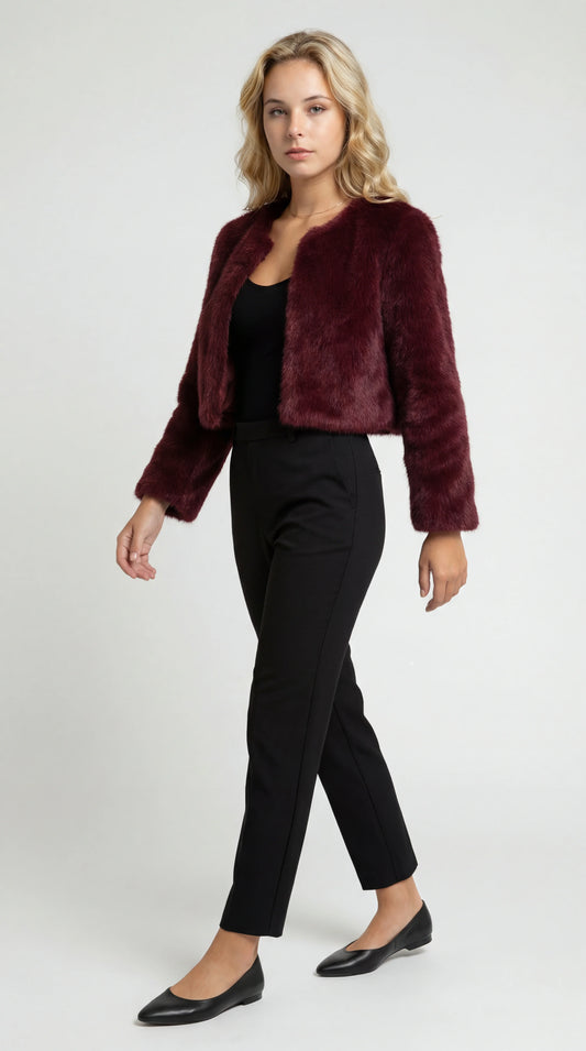 Women's Jacket – Cropped Faux Fur Collarless Jacket
