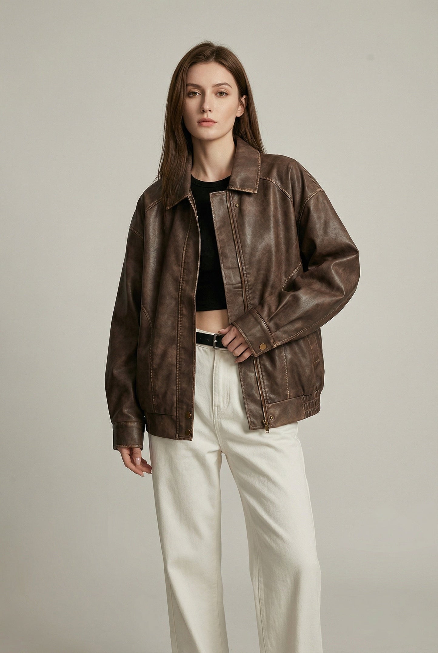 Women's Jacket – Vintage Faux Leather Oversized Bomber