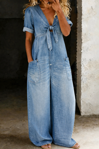 Women's Jumpsuit – Denim Wide-Leg V-Neck Style