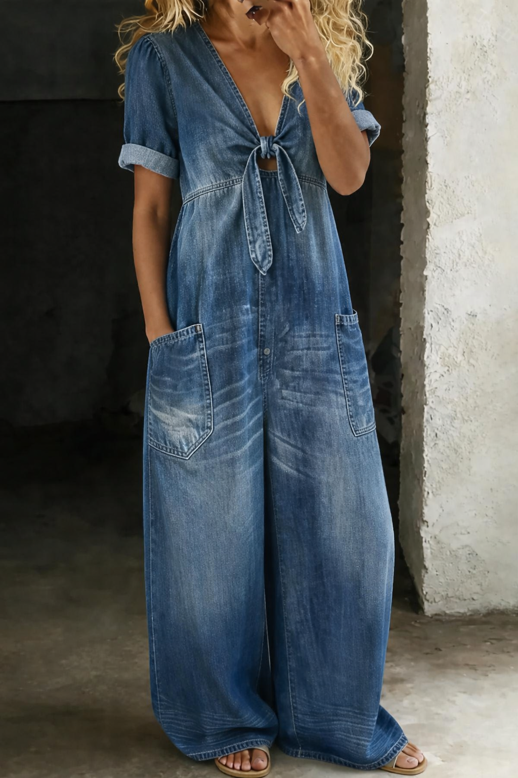 Women's Jumpsuit – Denim Wide-Leg V-Neck Style
