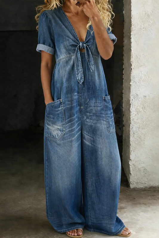 Women's Jumpsuit – Denim Wide-Leg V-Neck Style