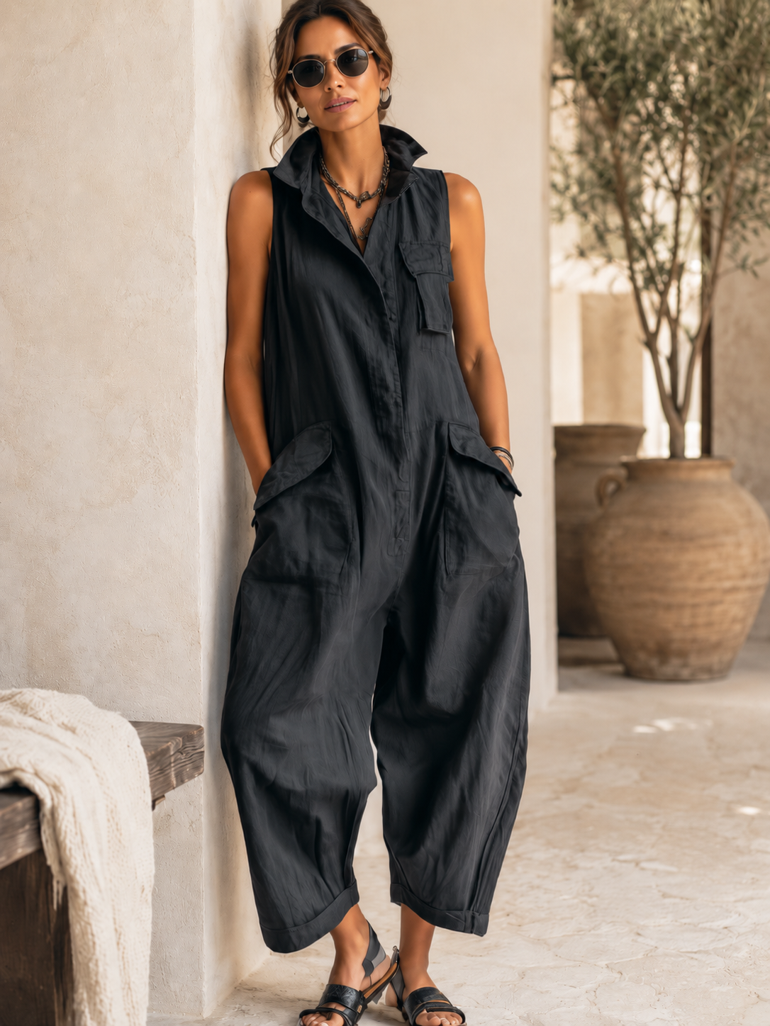 Women's Jumpsuit – Wide-Leg Sleeveless Utility Style