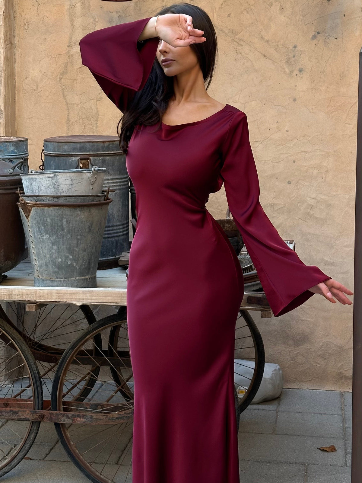 Women's Long Sleeve Maxi Dress – Fitted Shape & Bell Sleeves