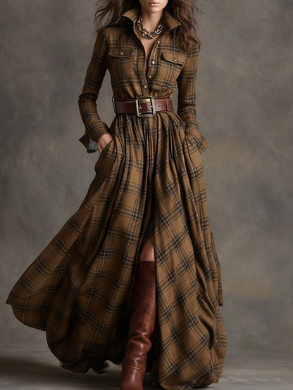 Women's Long Sleeve Maxi Dress – Plaid Shirt Style & Belted Waist