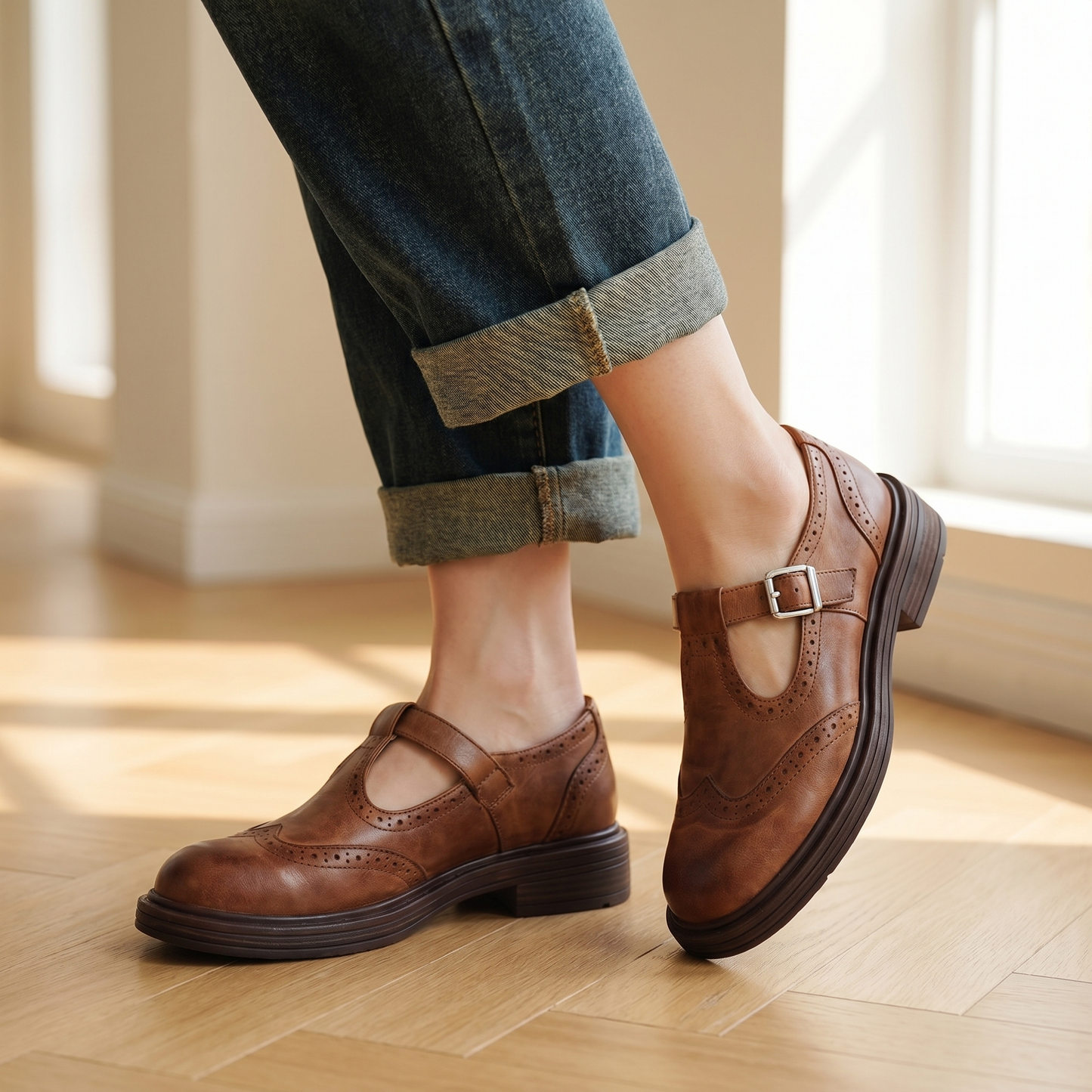 Women's Mary Jane Shoes – Brogue Buckle Comfort Flats