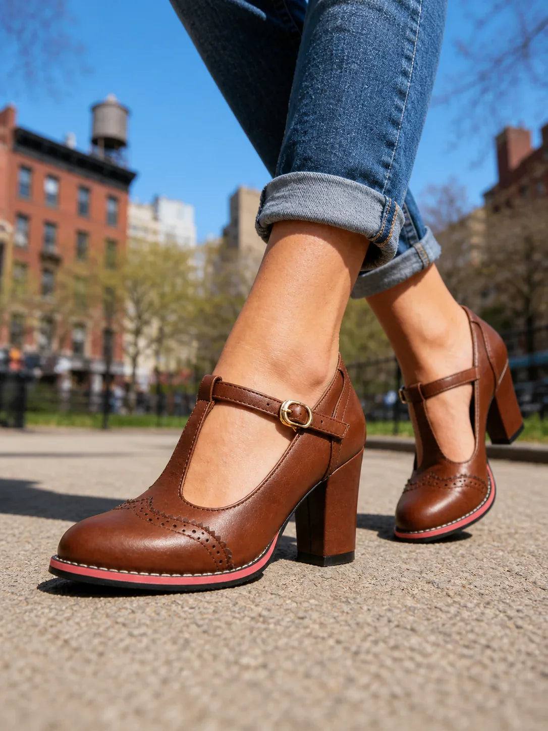 Women's Mary Jane Shoes – Brogue T-Bar Block Heel