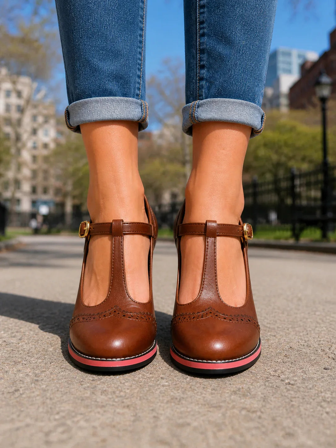 Women's Mary Jane Shoes – Brogue T-Bar Block Heel