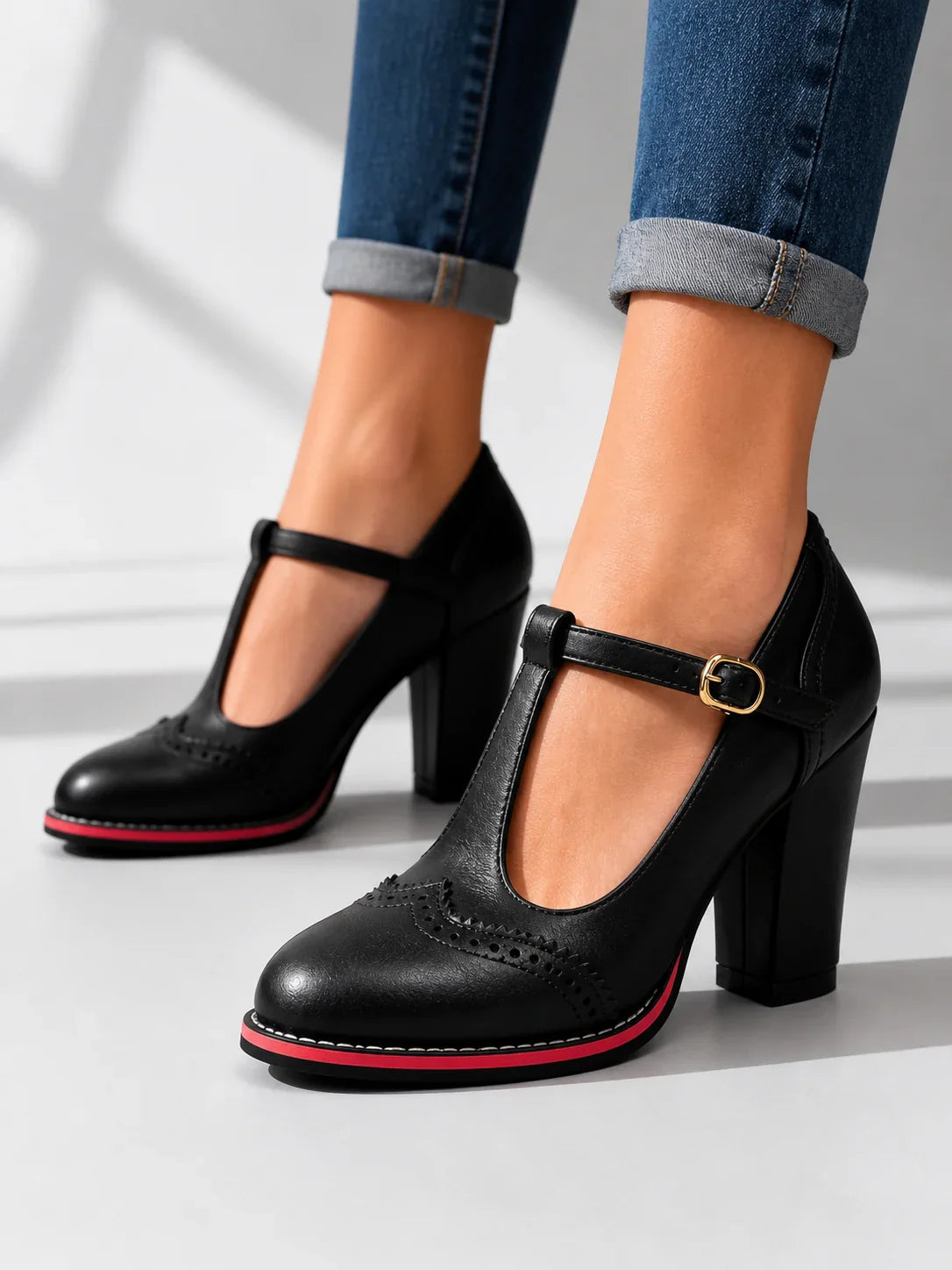 Women's Mary Jane Shoes – Brogue T-Bar Block Heel