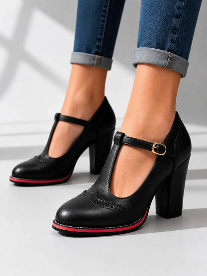 Women's Mary Jane Shoes – Brogue T-Bar Block Heel