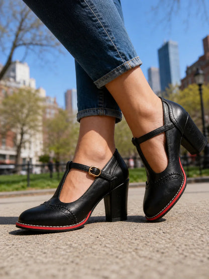 Women's Mary Jane Shoes – Brogue T-Bar Block Heel