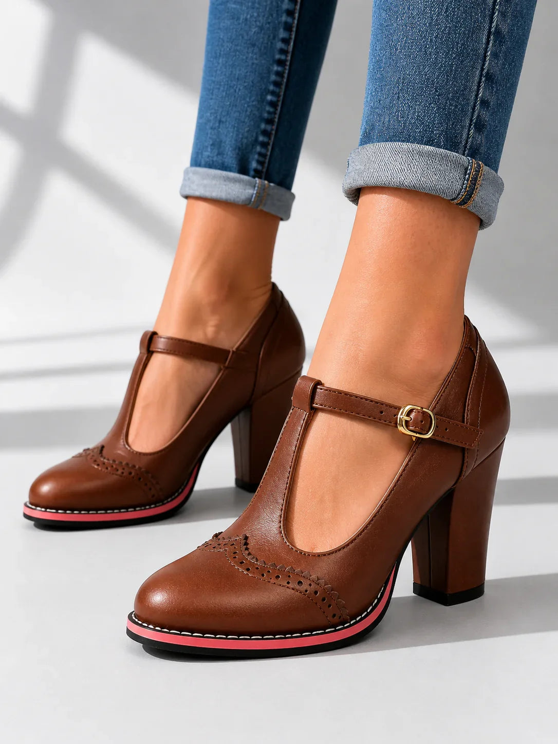 Women's Mary Jane Shoes – Brogue T-Bar Block Heel
