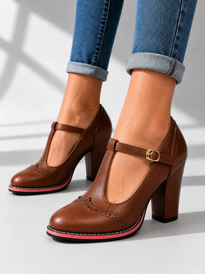Women's Mary Jane Shoes – Brogue T-Bar Block Heel