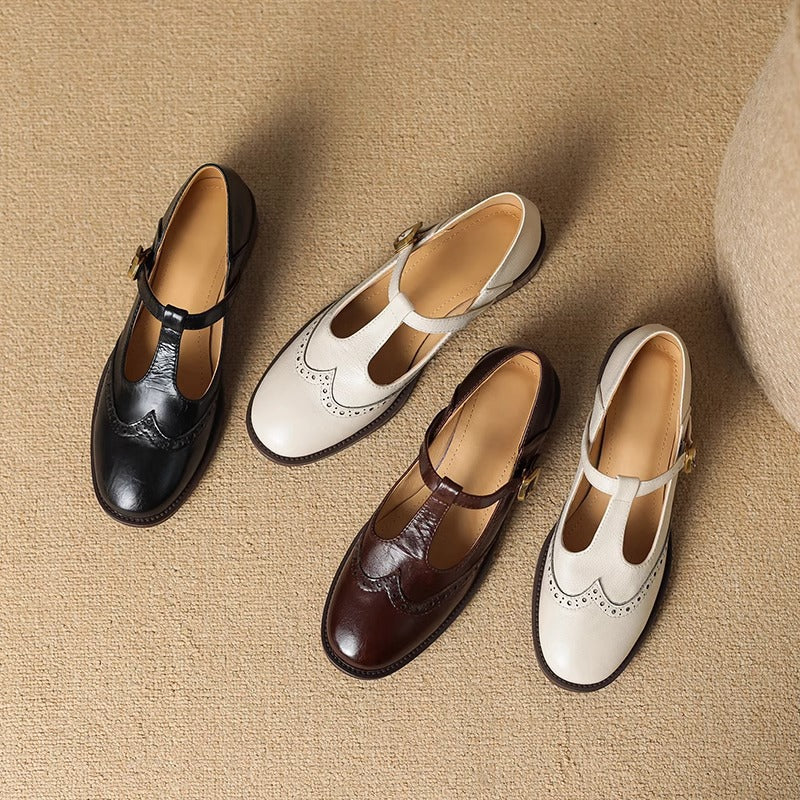 Women's Mary Jane Shoes – Brogue T-Bar Buckle Pumps