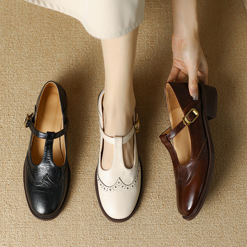 Women's Mary Jane Shoes – Brogue T-Bar Buckle Pumps