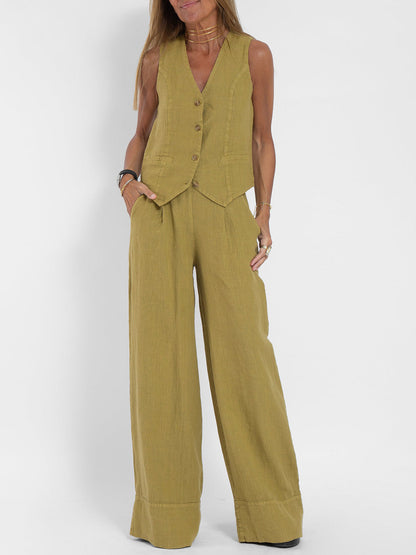 Women's Matching Set – Linen Vest & Wide Leg Pants