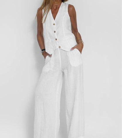 Women's Matching Set – Linen Vest & Wide Leg Pants