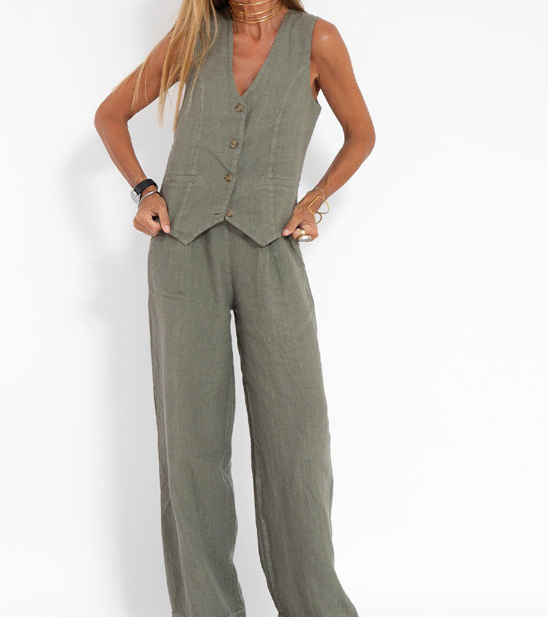 Women's Matching Set – Linen Vest & Wide Leg Pants