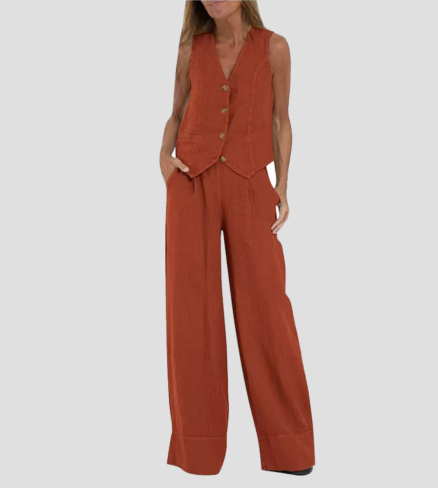 Women's Matching Set – Linen Vest & Wide Leg Pants