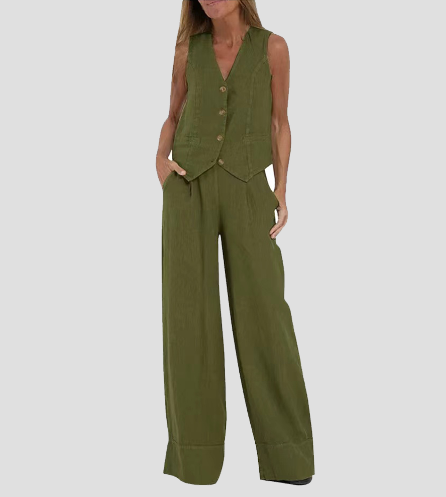 Women's Matching Set – Linen Vest & Wide Leg Pants