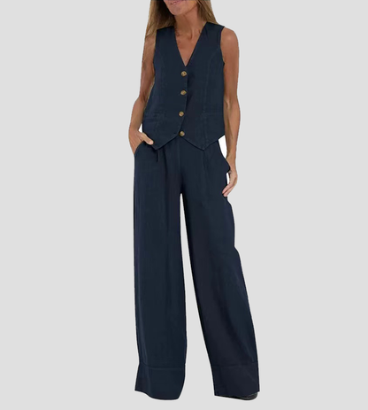Women's Matching Set – Linen Vest & Wide Leg Pants