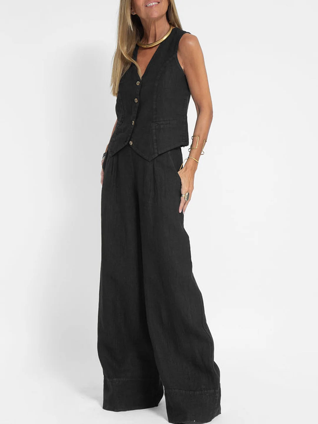 Women's Matching Set – Linen Vest & Wide Leg Pants
